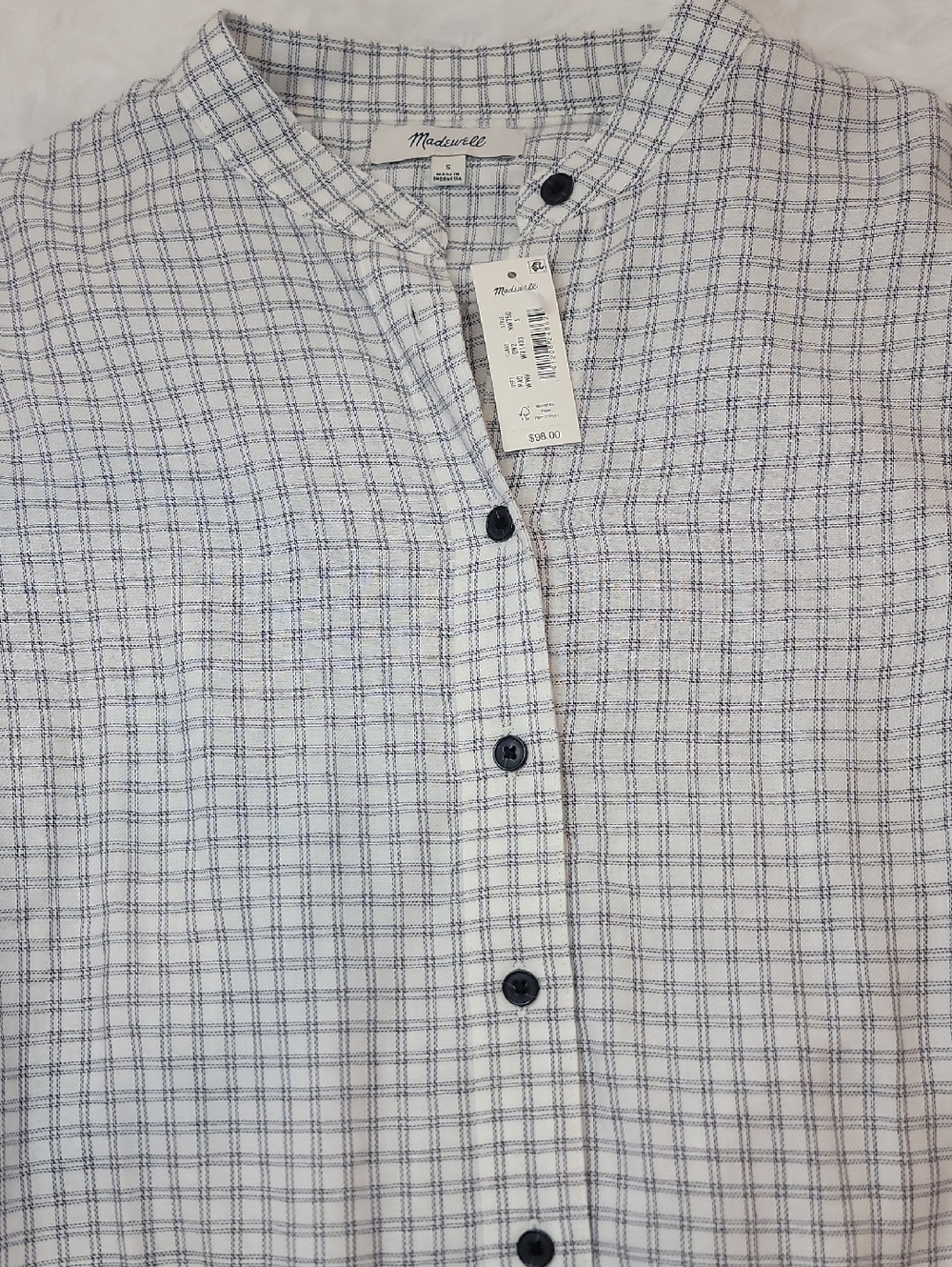 NWT Madewell Bell Sleeve Button Down Shirt with Blue Windowpane Grid. Small - Picture 3 of 9